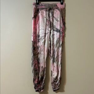 Hard Tail Satin Joggers XS Pink Brown Abstract Tie Dye